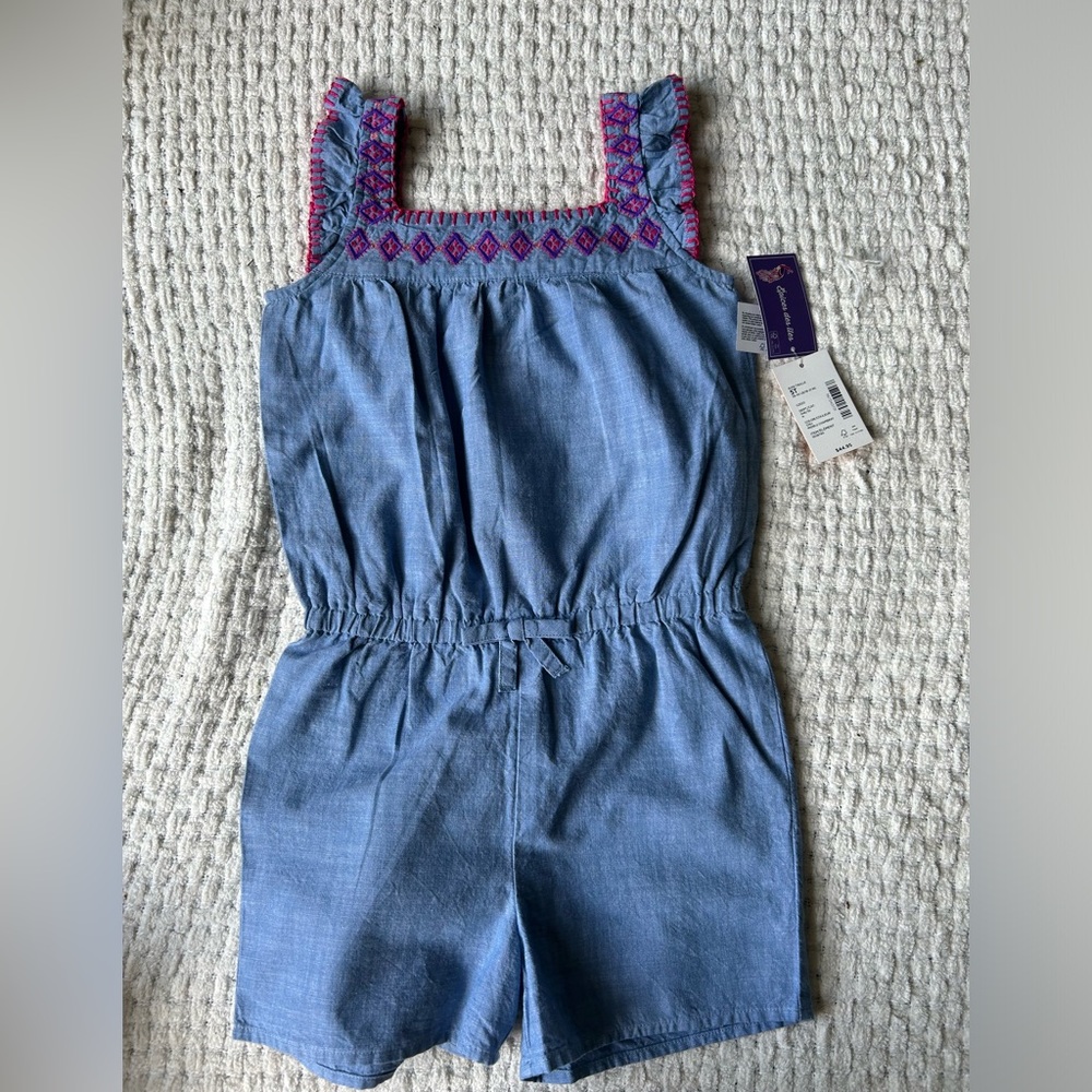 Gymboree NWT Size 3T chambray romper (Shorts)w/pink/purple contrast stitching - Picture 1 of 9